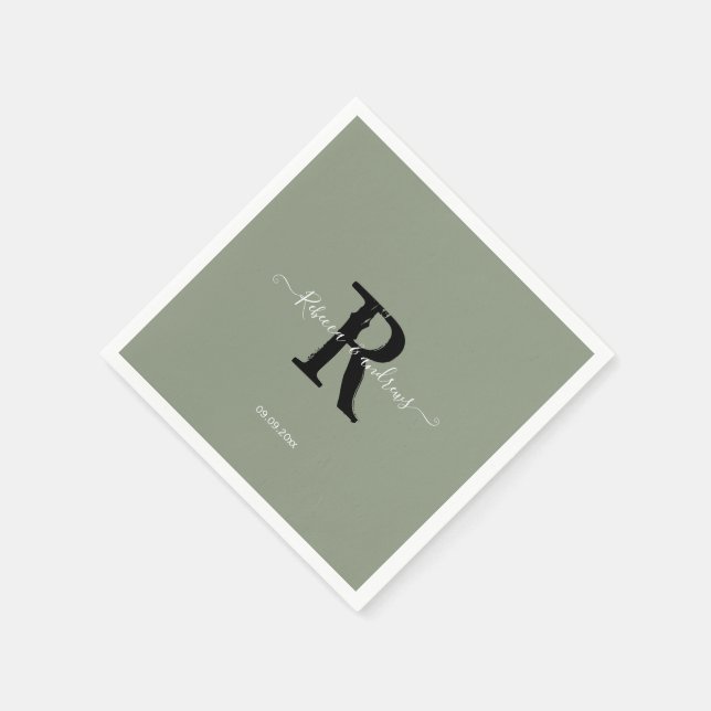 Sage Green Elegant Monogram Script Initial Wedding Napkin (Corner)