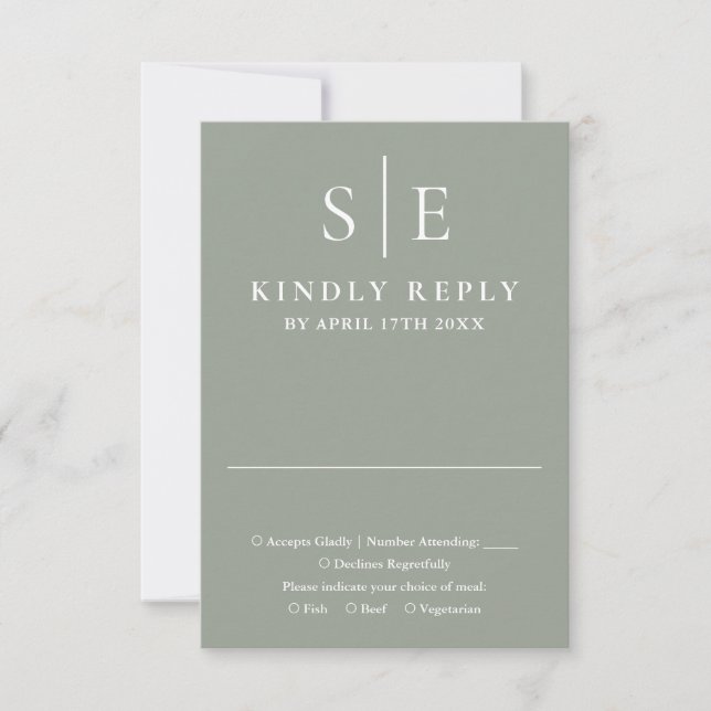 Sage Green Elegant Monogram Wedding RSVP Card (Front)