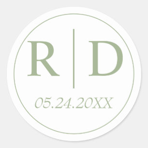 Sage green elegant monogram white wedding classic round sticker