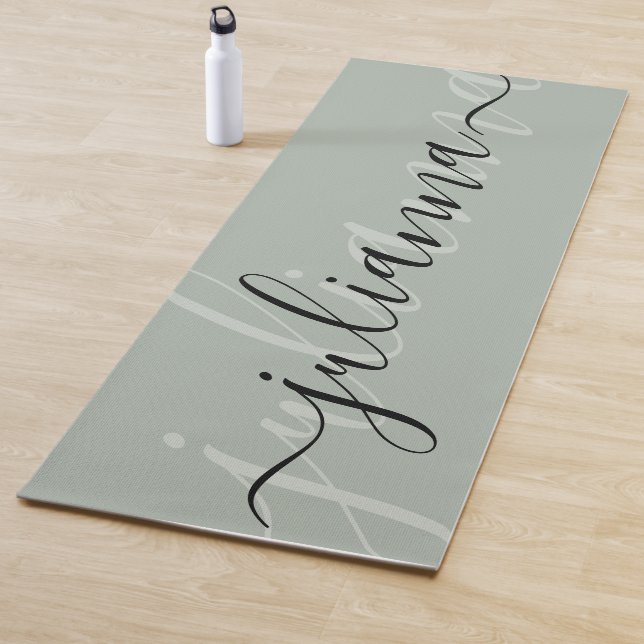 Sage Green Elegant Name Script Minimalist Custom Yoga Mat (In Situ)