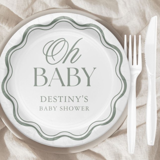Sage Green Elegant Oh Baby Gender Neutral Shower Paper Plate (Creator Uploaded)
