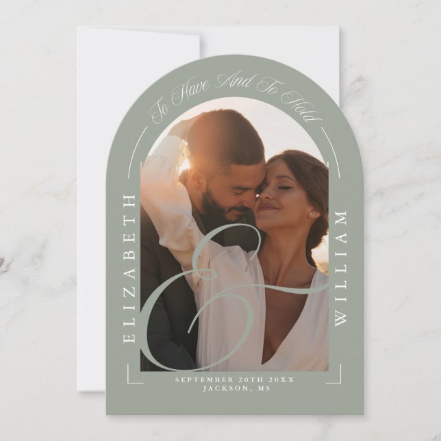 Sage Green Elegant Photo Arch Calligraphy Wedding Invitation (Front)