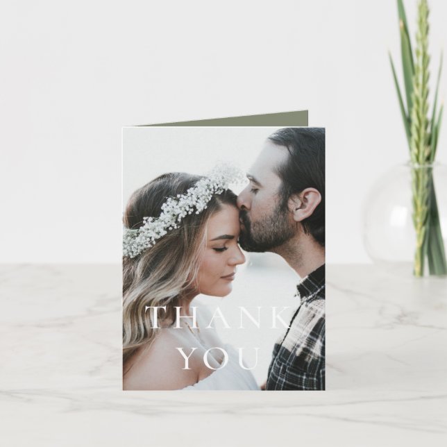 Sage Green Elegant photo Wedding Thank You Card (Front)