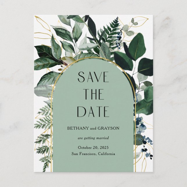 Sage Green, Elegant QR code Greenery save the date Announcement Postcard (Front)