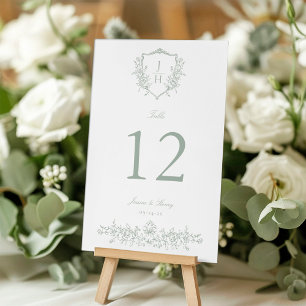 Sage Green Elegant Regency Floral Crest Wedding  Table Number