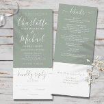 Sage Green Elegant Script All In One Wedding Invitation<br><div class="desc">An all in one wedding invitation featuring modern signature script names and elegant typography on a sage green background. The invitation includes an RSVP card that can be cut off and guest information details. Designed by Thisisnotme©</div>
