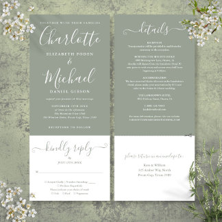 Sage Green Elegant Script All In One Wedding Invitation