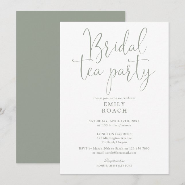 Sage Green Elegant Script Bridal Tea Party Shower Invitation (Front/Back)