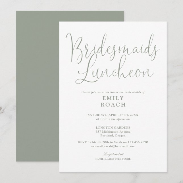 Sage Green Elegant Script Bridesmaids Luncheon Invitation (Front/Back)