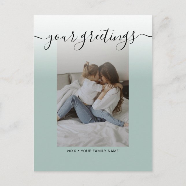 Sage Green Elegant Script Family Photo Greetings Postcard (Front)