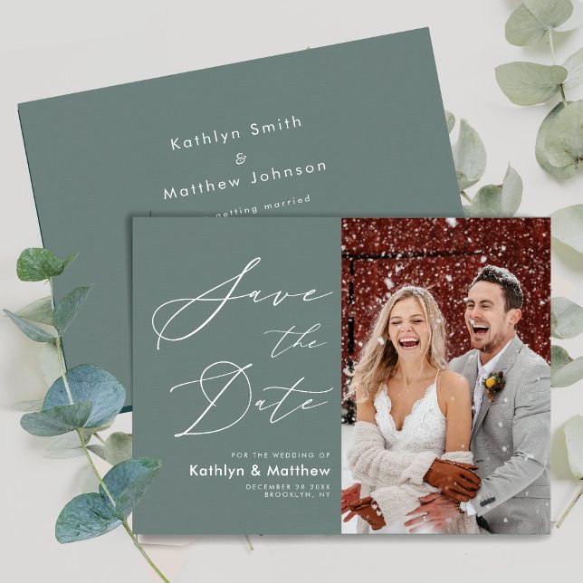 Sage Green Elegant Script Modern Photo Wedding Save The Date (Creator Uploaded)