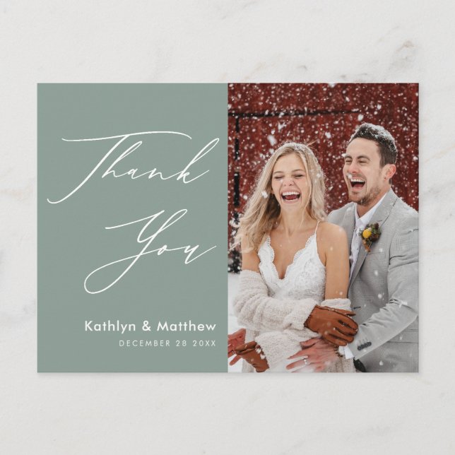 Sage Green Elegant Script Modern Wedding Thank You Postcard (Front)