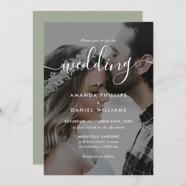 Sage Green Elegant Script Photo Wedding Invitation (Front/Back)