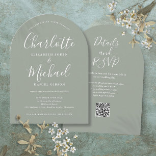 Sage Green Elegant Script QR Code Arch Wedding Invitation