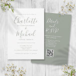 Sage Green Elegant Script QR Code Wedding Invitation<br><div class="desc">Featuring signature style names,  this elegant sage green wedding invitation can be personalised with all your special wedding day information on the front,  your wedding website details,  and your QR code on the reverse. Designed by Thisisnotme©</div>