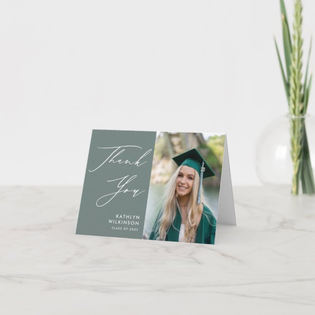 Sage Green Elegant Script Simple Photo Graduation Thank You Card (Front)