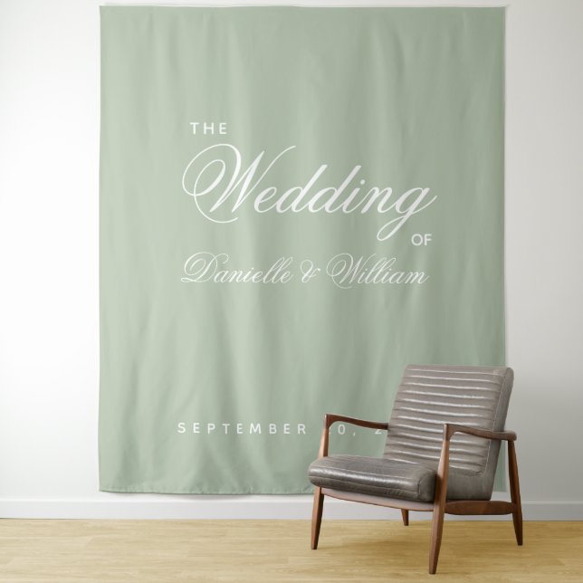 Sage Green Elegant Script Simple Wedding Backdrop Tapestry (In Situ)