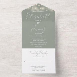 Sage Green Elegant Script String Lights Wedding All In One Invitation