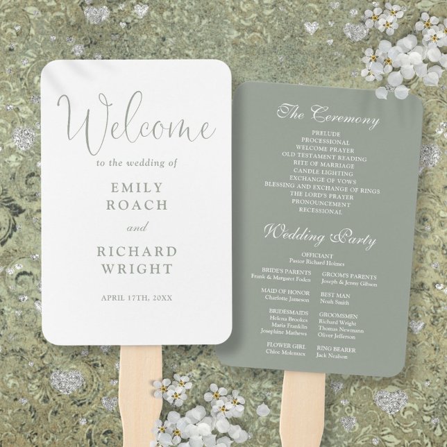 Sage Green Elegant Script Wedding Program Hand Fan (Sage Green Elegant Script Wedding Program Hand Fan)