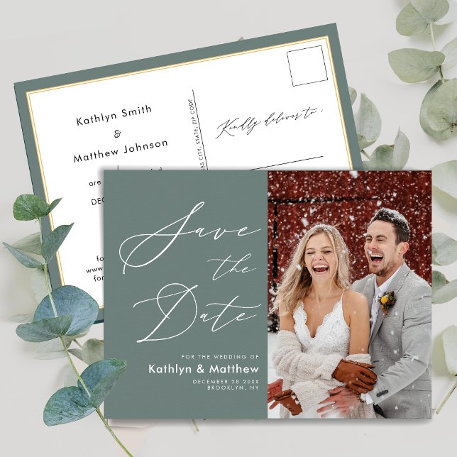 Sage Green Elegant Script Wedding Save The Date Announcement Postcard (Creator Uploaded)