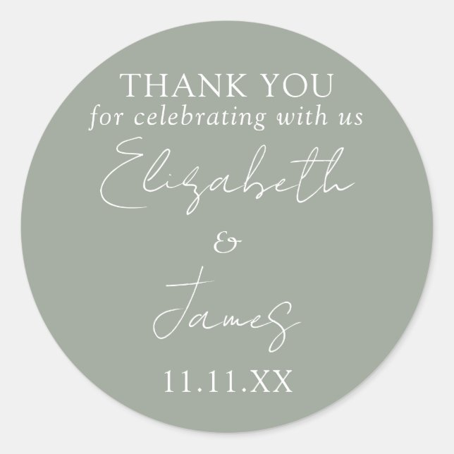 Sage Green Elegant Script Wedding Thank You Classic Round Sticker (Front)