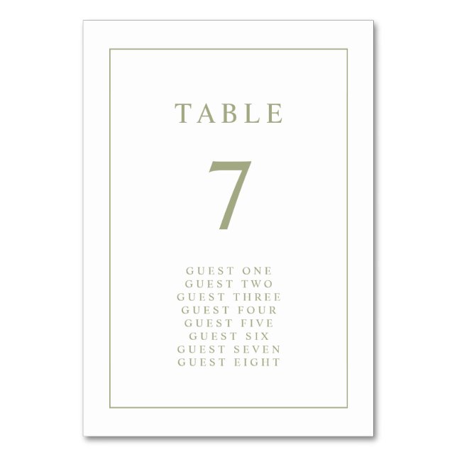 Sage Green Elegant Simple Minimal Border Wedding Table Number (Front)
