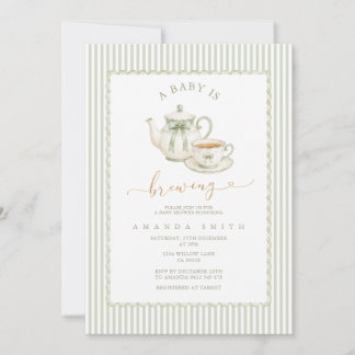 Sage Green Elegant Striped Tea Party Baby Shower Invitation