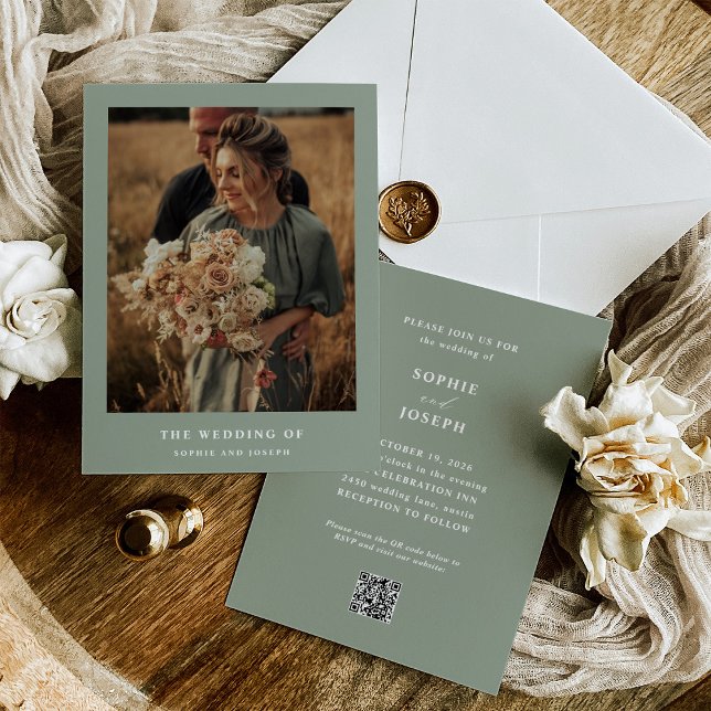 Sage Green Elegant Text and Photo QR Code Wedding Invitation (Creator Uploaded)