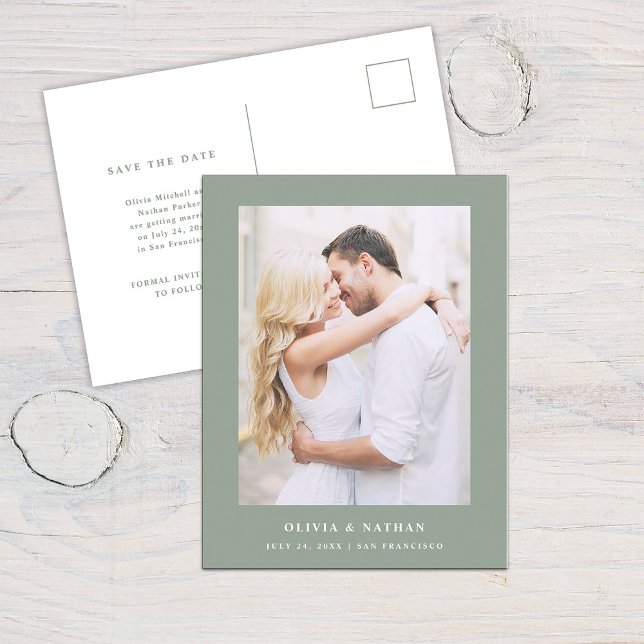 Sage Green Elegant Text and Photo | Save the Date Announcement Postcard (Creator Uploaded)