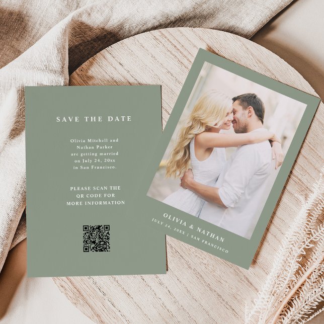 Sage Green Elegant Text and Photo Wedding QR Code Save The Date (Creator Uploaded)