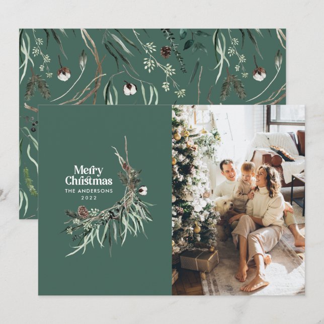 Sage green elegant watercolor botanical rustic holiday card (Front/Back)