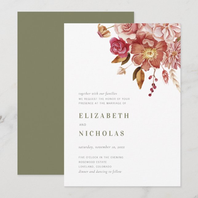 Sage Green Elegant Watercolor Floral Wedding Invitation (Front/Back)
