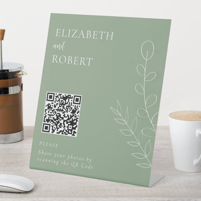 Sage Green Elegant Wedding Photo Share QR Code Pedestal Sign (In SItu)