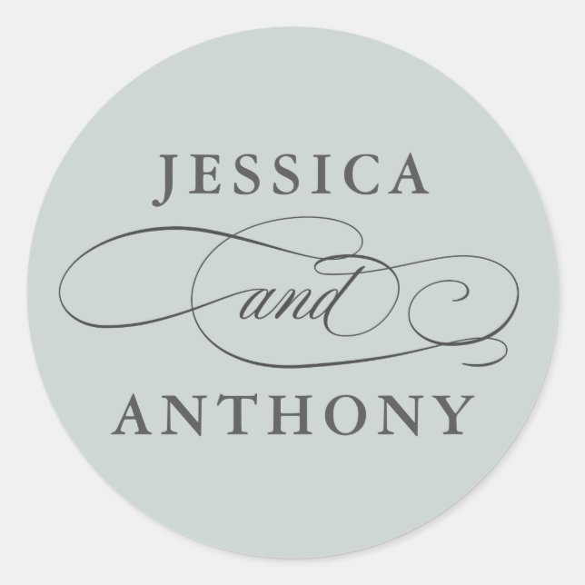Sage Green Elegant Wedding with Couple's Names Classic Round Sticker (Front)