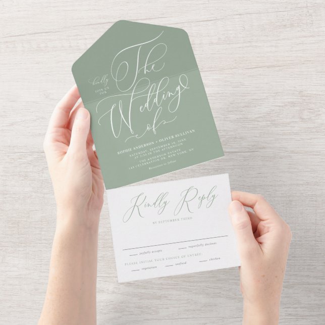 Sage Green Elegant Whimsical Calligraphy Wedding All In One Invitation (Tearaway)