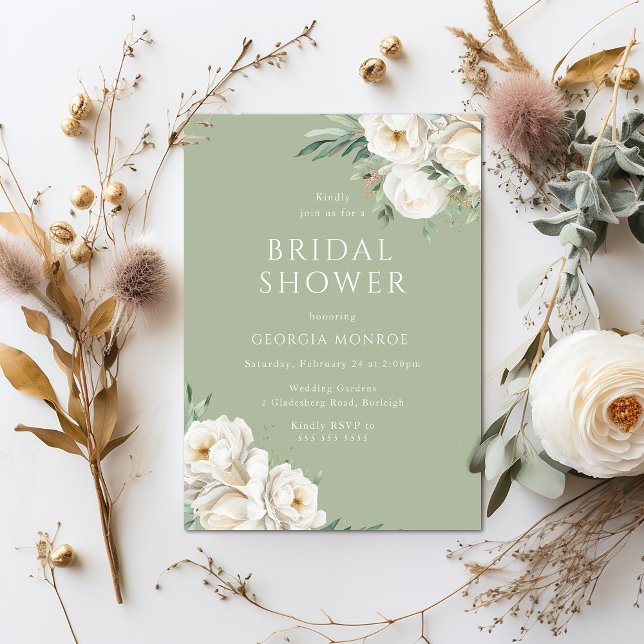 Sage Green Elegant White Floral Bridal Shower Invitation (Creator Uploaded)