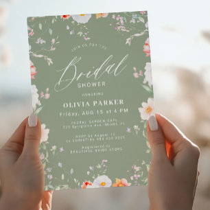 Sage green elegant wildflower floral bridal shower invitation