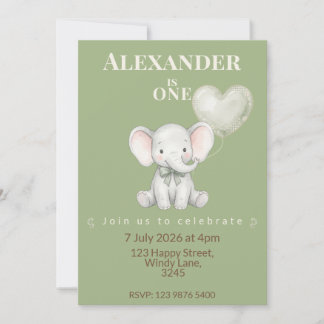 Sage Green Elephant First Birthday Invitation