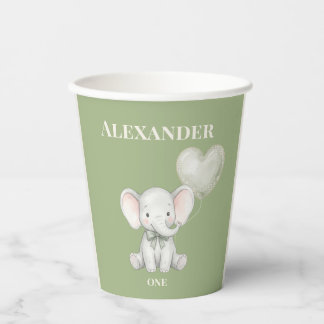 Sage Green Elephant First Birthday Name and Age Paper Cups