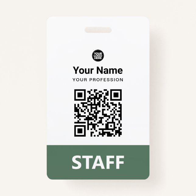 Sage Green Employee Qr Code, Bar Code, Logo, Name ID Badge (Front)