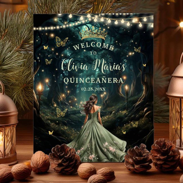 Sage Green Enchanted Forest Quinceañera Welcome  Poster (enchanted forest fairylights fireflies a girl in a sage green dress quinceanera welcome sign poster)