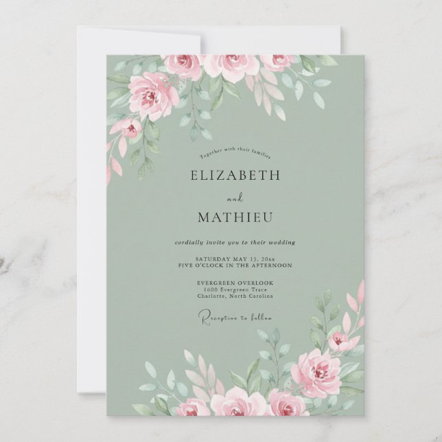 Sage Green Ethereal Rose Wedding Invitation (Front)