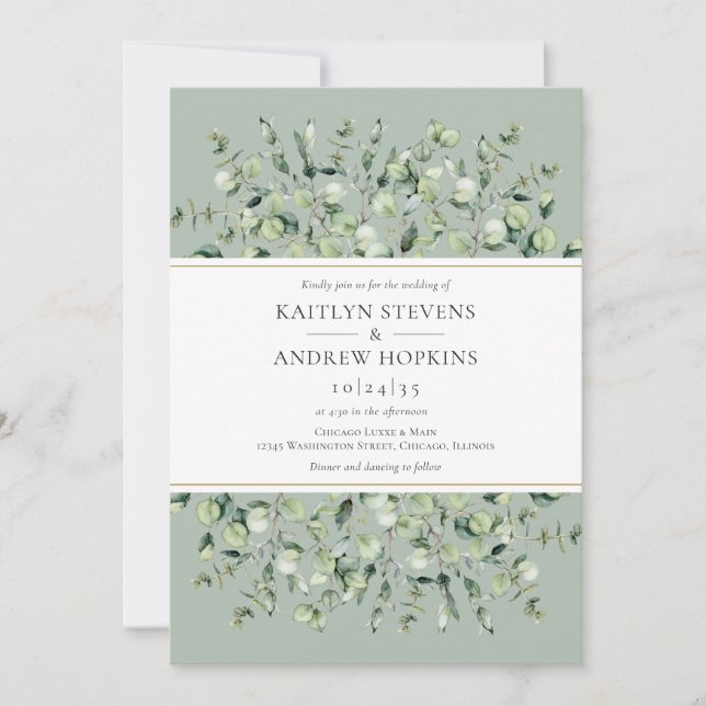 Sage Green Eucalyptus All In One Wedding Invitation (Front)