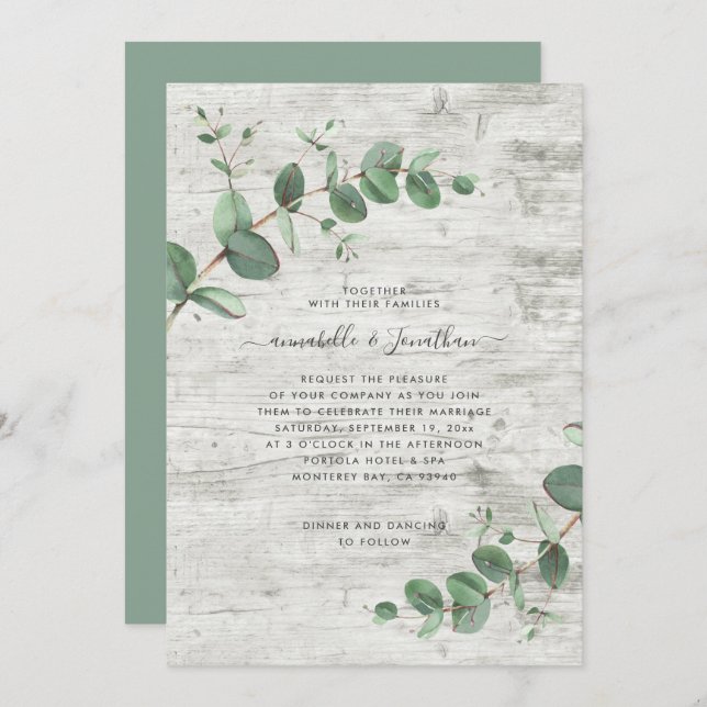 Sage green Eucalyptus botanical foliage white wood Invitation (Front/Back)