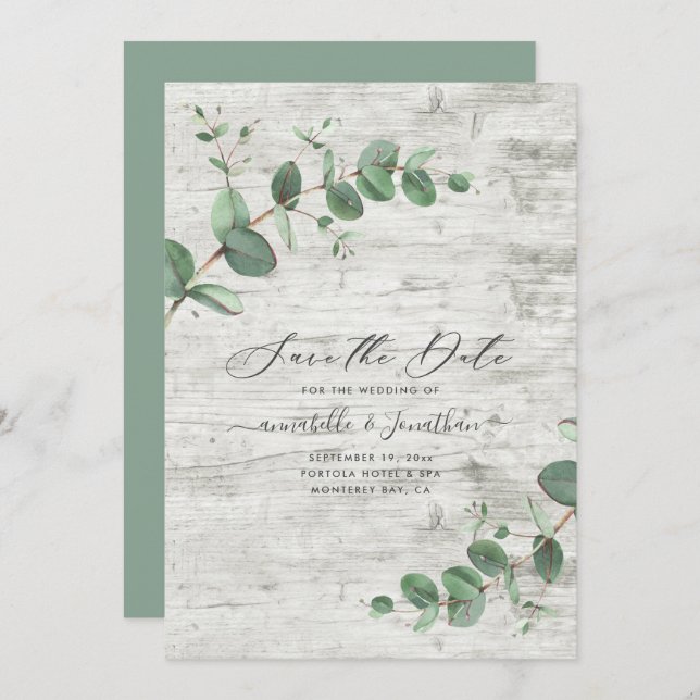 Sage green Eucalyptus botanical foliage white wood Save The Date (Front/Back)
