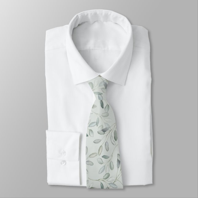 Sage Green Eucalyptus Branch Watercolor Wedding Tie (Tied)