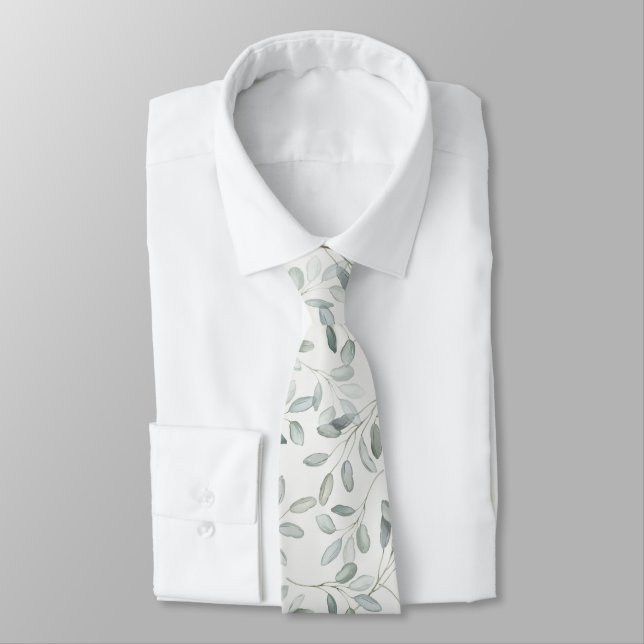 Sage Green Eucalyptus Branch Watercolor Wedding Tie (Tied)
