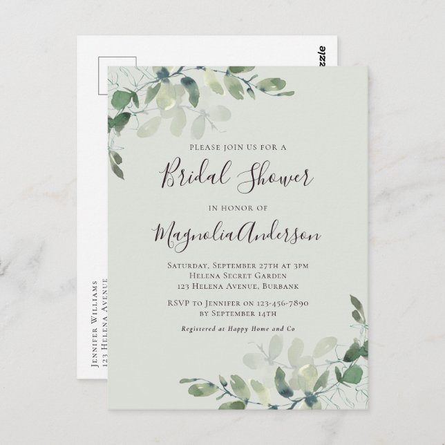 Sage Green Eucalyptus Bridal Shower Invitation Postcard (Front/Back)