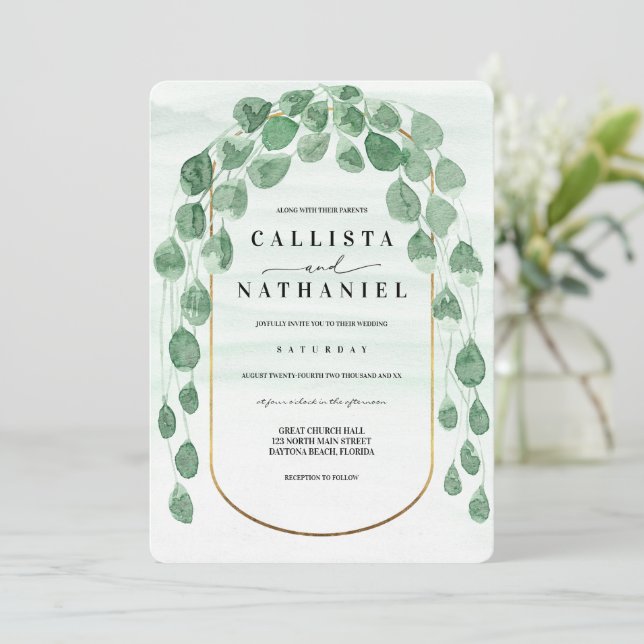 Sage Green Eucalyptus Garland Gold Oval Wedding In Invitation (Standing Front)