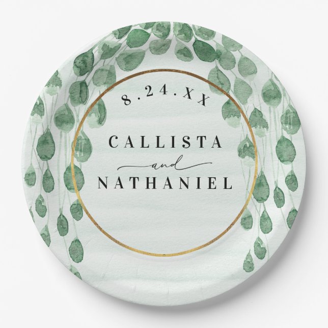 Sage Green Eucalyptus Garland Gold Oval Wedding Paper Plate (Front)